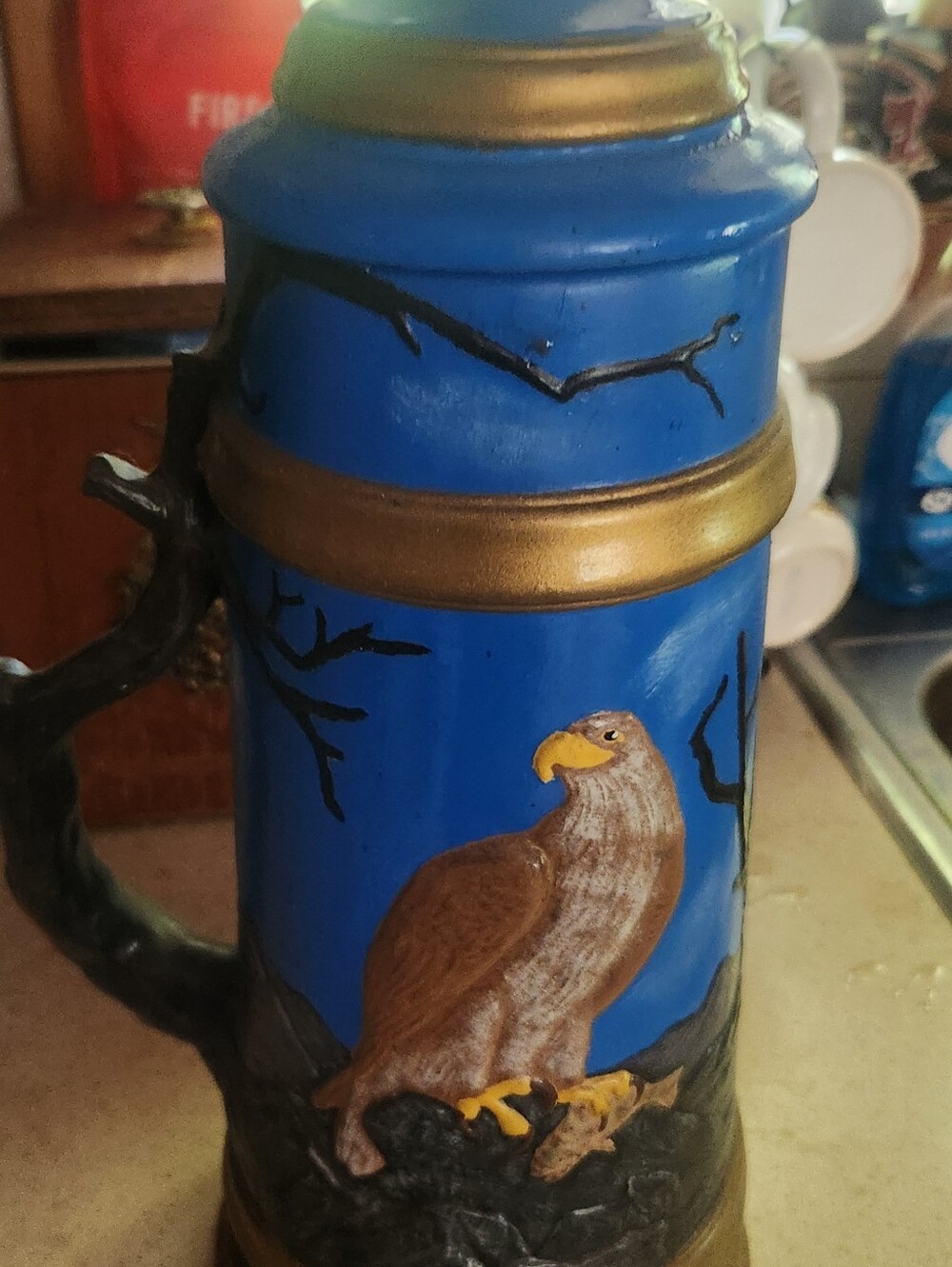 Hand-Painted Blue Eagle Ceramic Stein by